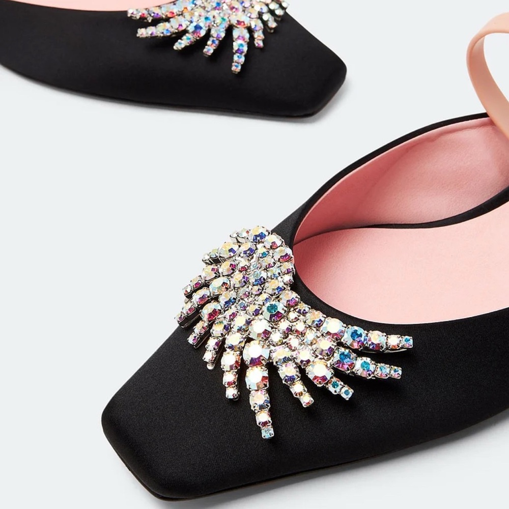 Piferi Drizella Crystal Embellished Slingback Flat,Satin Square Toe Rhinestone - Picture 6 of 16